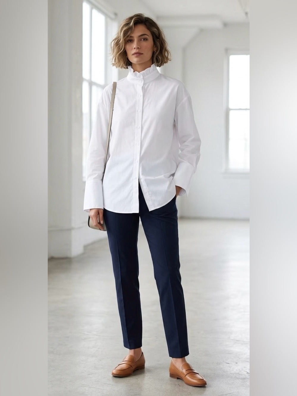 Heidi Houston White Cotton Ruffle Collar Button Down Shirt Oversized M